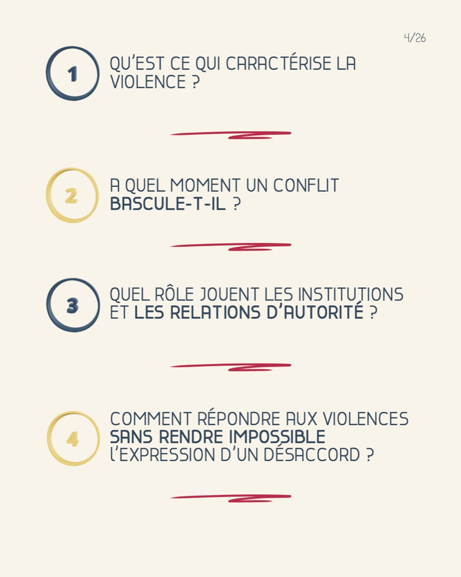 Quatre questions : qu'est-ce qui caractérise la violence, quand un conflit bascule-t-il, quel rôle jouent les institutions, comment répondre sans empêcher le désaccord ?