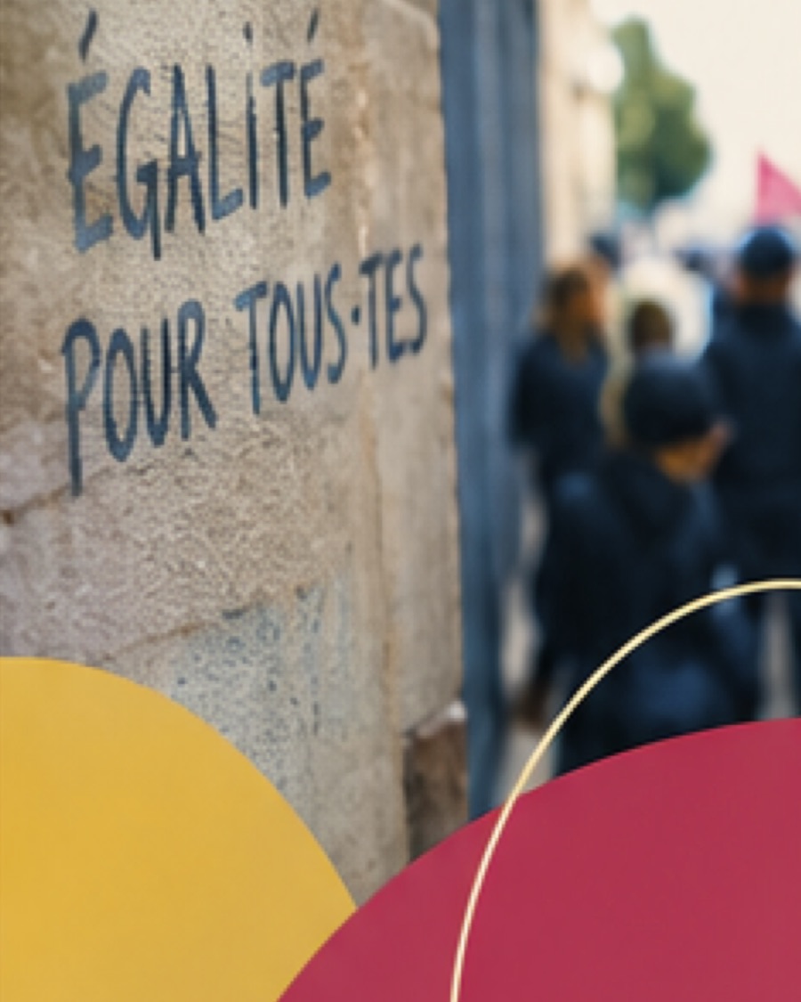 Inscription « Égalité pour tous·tes » sur un mur, devant un lycée