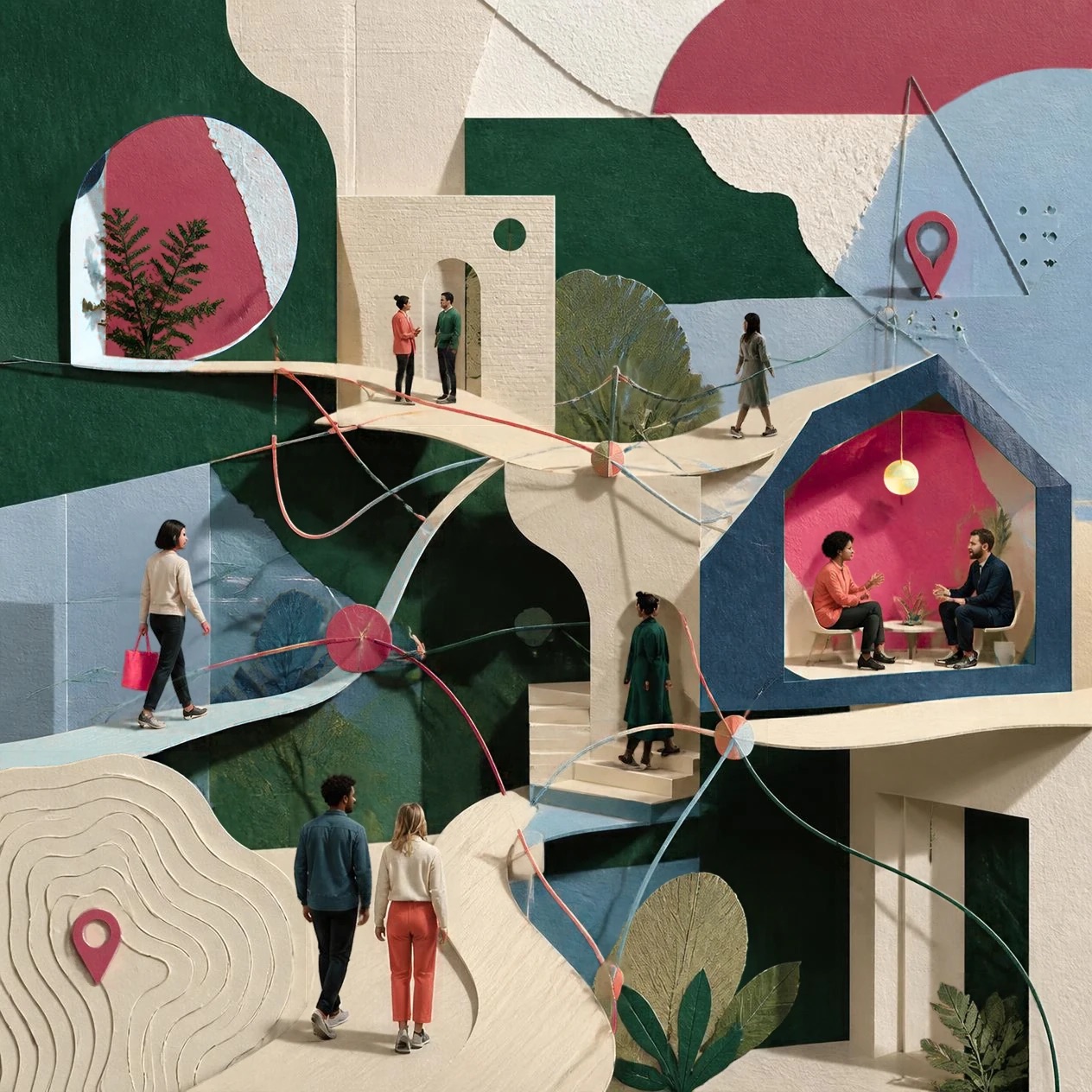 Collage de papiers découpés : des personnages reliés par des chemins et des fils entre plusieurs lieux