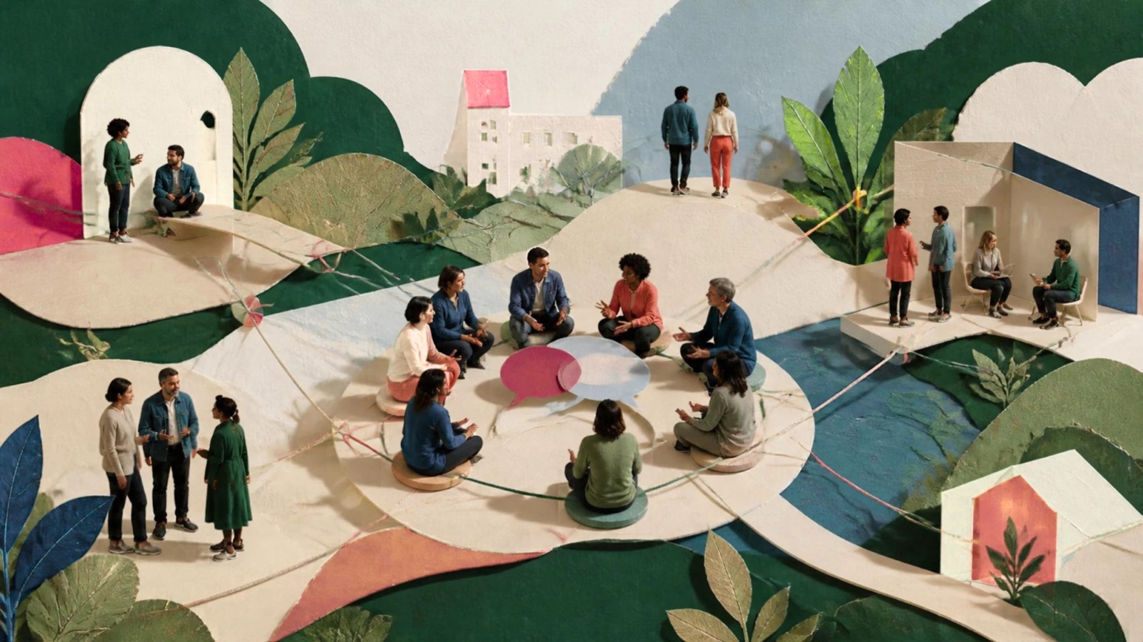 Collage de papiers découpés : des personnes réunies en cercle autour de bulles de dialogue, reliées par des fils à d'autres groupes